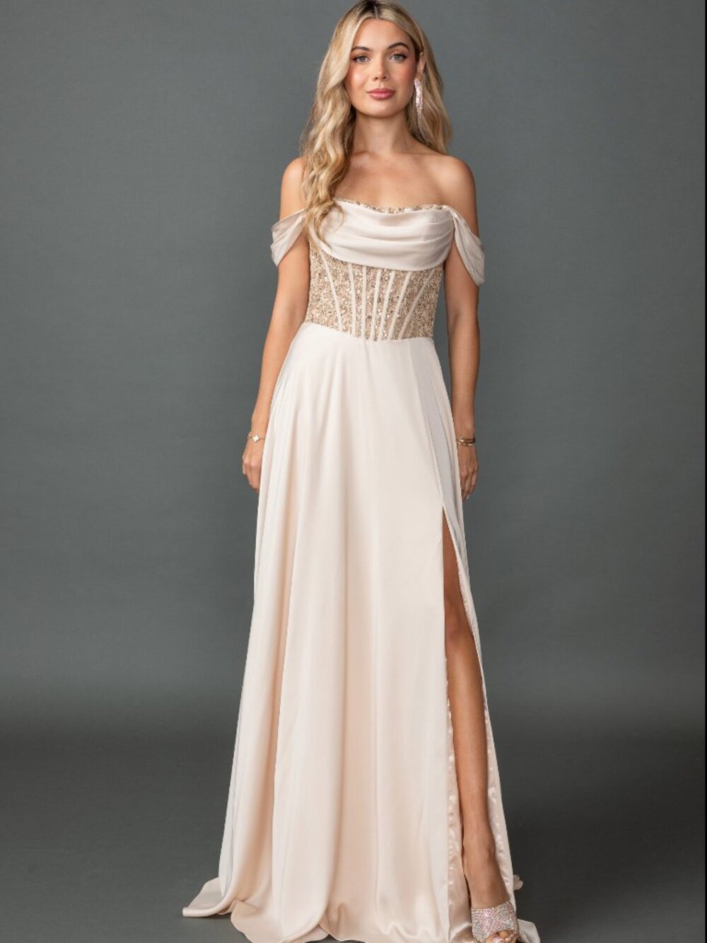 NEW CHAMPAGNE Satin & Beaded Cowl Neck Prom Gown Floor Length With Slit 4546a